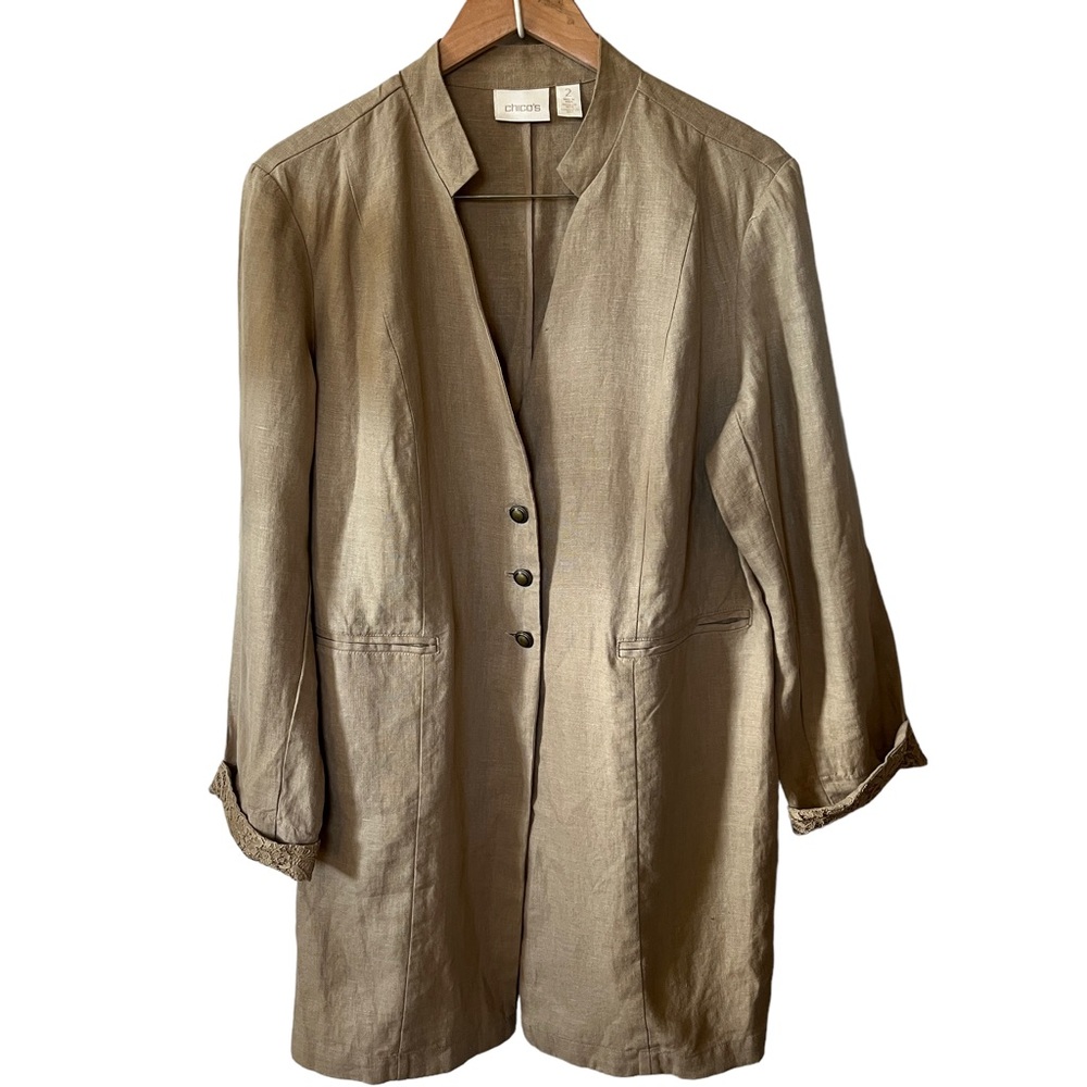 Chico's Jacket Women's Tan Linen Button Long Line Business Career Lace Cuff 2/L